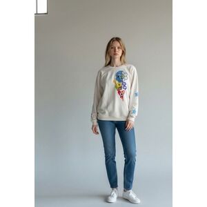 Hey Loop Embroidery Print Mens Sweatshirt  Ivory Size XL